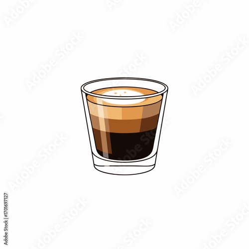 A shot glass filled with layers of espresso coffee drink on a clean white background for culinary and beverage design use.