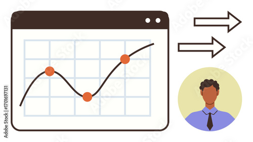 Growth trend chart in browser window, arrows indicating progress, professional avatar. Ideal for analytics, strategy, business development, finance, teamwork decision-making career growth. Simple