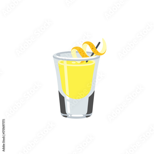 A vibrant yellow cocktail in a clear glass with a twisted orange peel garnish and a black straw on a clean white background for a refreshing drink concept
