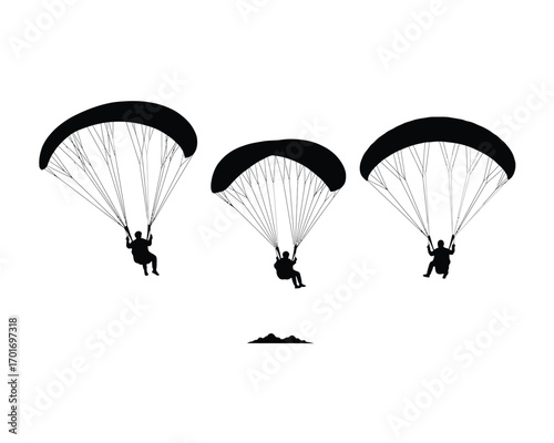 Three silhouette figures paragliding with parachutes against a white background with small mountain detail