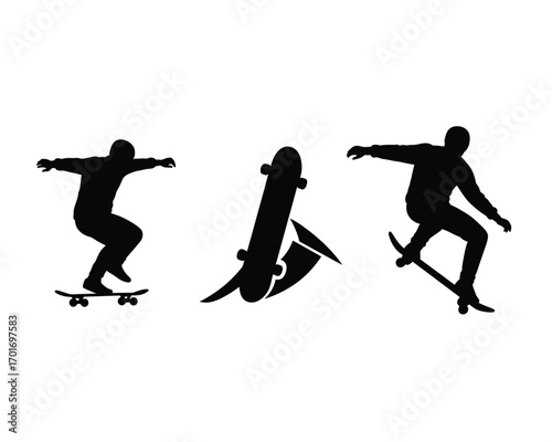 Dynamic silhouettes of skateboarders performing tricks and a skateboard in motion against a white background