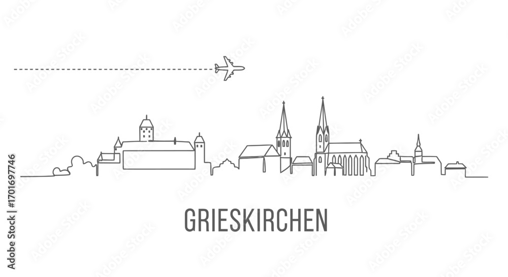 Fototapeta premium Grieskirchen Austria skyline with airplane, and line art.