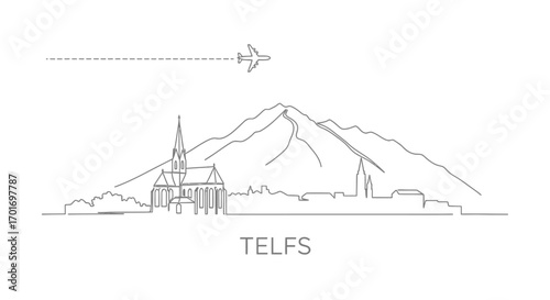 Telfs with Austria Skyline Minimalist Line Art.