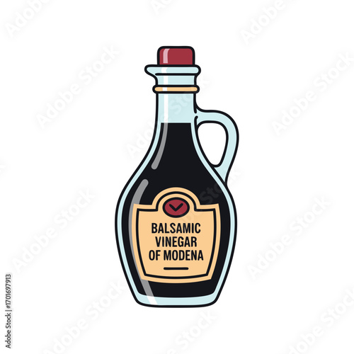 A bottle of traditional italian balsamic vinegar of modena with a red cap and label on a clean white background for culinary and gourmet use.