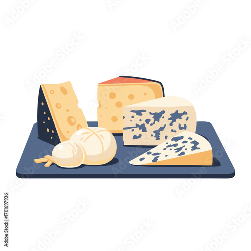 A variety of cheese types on a blue cutting board including cheddar gouda mozzarella and blue cheese on a clean white background for culinary and nutrition