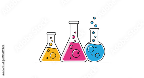 Vibrant laboratory beakers filled with colorful bubbling liquids illustrating scientific discovery and chemical reactions