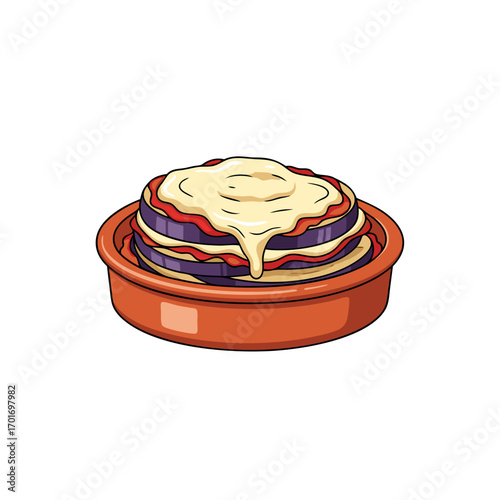 A vibrant stack of lasagna layers in a terracotta dish smothered with melted creamy cheese on a clean white background for culinary or recipe use.