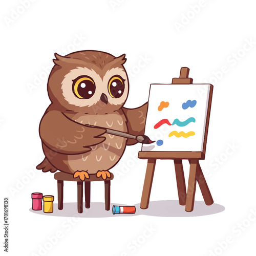 A cute owl artist, in a charming 2D flat vector illustration, sits at a small easel, painting a vibrant, colorful picture with a paintbrush on a clean white background.