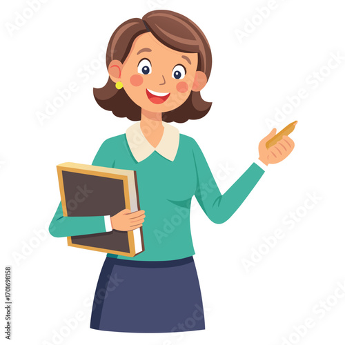 Cartoon teacher holding book and pen in classroom