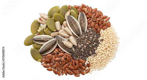 Mix of various seeds isolated on transparent background, including pumpkin, sunflower, flax seeds