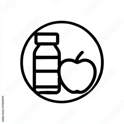 Outline icon of a bottle and an apple, black and white, representing healthy drinks and nutrition in a circle with copy space
