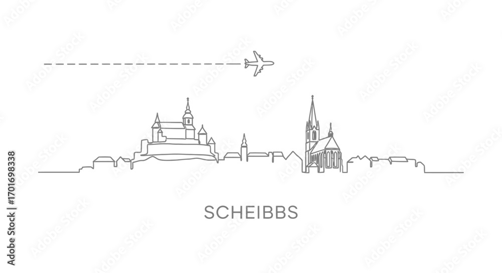 Fototapeta premium Scheibbs Line Art with Airplane, and Cityscape.