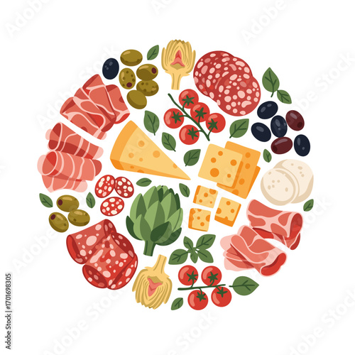 A delicious arrangement of cured meats cheese olives and vegetables on a white background showcasing a variety of italian delicacies and fresh produce for a