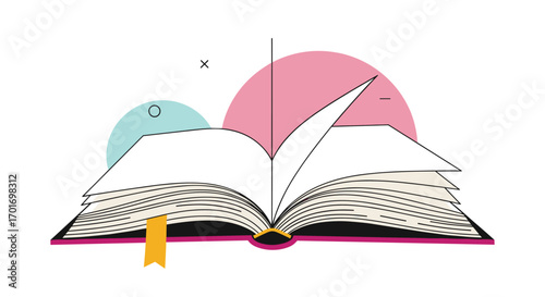 An open book with colorful circles and a bookmark suggesting learning and knowledge discovery