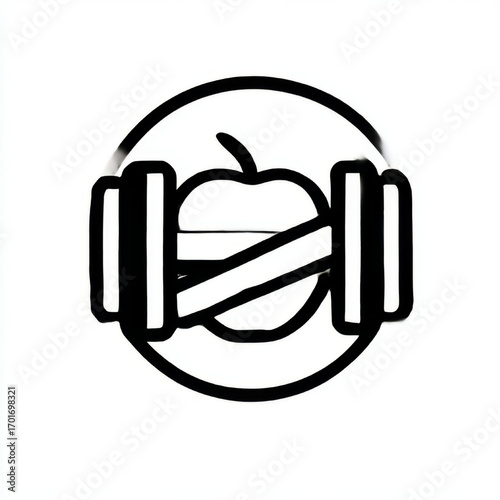 Outline icon of an apple and a dumbbell in a circle, black and white, representing integrated health, fitness, and nutrition with copy space