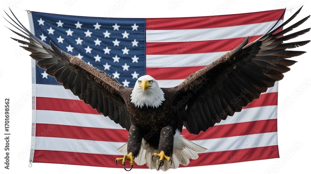 Naklejka premium Bald eagle flying with american flag isolated on white background