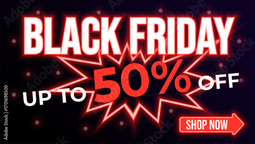 Black friday sale banner with 50% discount and shop now button.