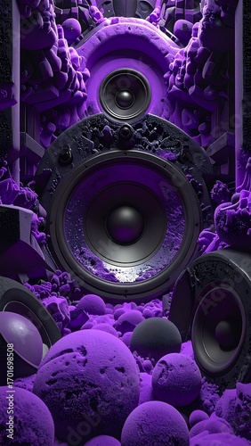 Abstract, purple, and dark-toned scene with speakers