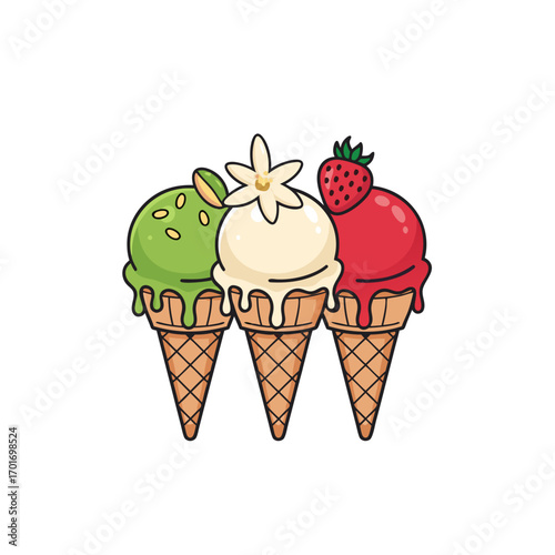 A colorful illustration of three ice cream cones with green, white, and red scoops, each with a unique topping, on a clean white background.