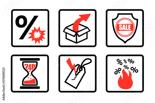 Bold and dynamic sale icons with explosive discount and delivery symbols.