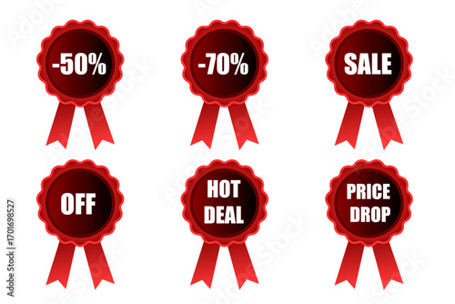 Red ribbon badges with discount percentages and sale promotions.