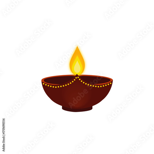A glowing traditional clay diya oil lamp vector illustration with a bright flame, symbolizing the Hindu Festival of Lights, Diwali. Perfect for festive greeting cards, invitations, posters, banners.