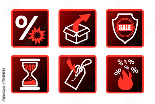 Bold sales icons: discounts, boxes, shields, clocks, tags, percentages.