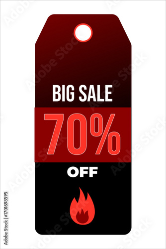 Big sale tag with 70 percent discount and flame icon on red black background.