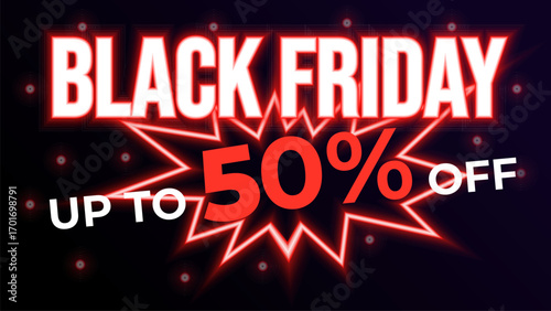 Black friday sale banner with bold discount text and stylish neon design.