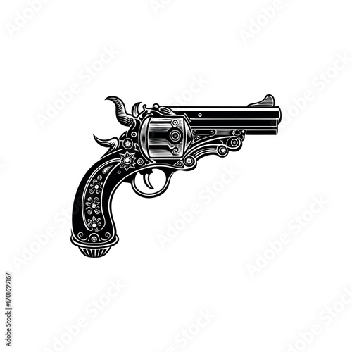 Ornate Black and White Engraving of a Classic Revolver Gun with Floral Details