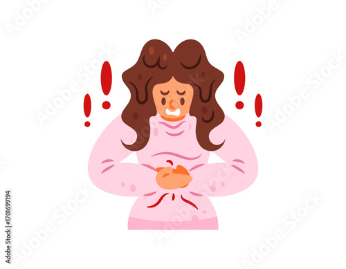 Stomach feels very painful and cramps during menstruation. Illustration of a woman looking in pain. Stomach ache due to menstruation. Women's problems. Flat style character design