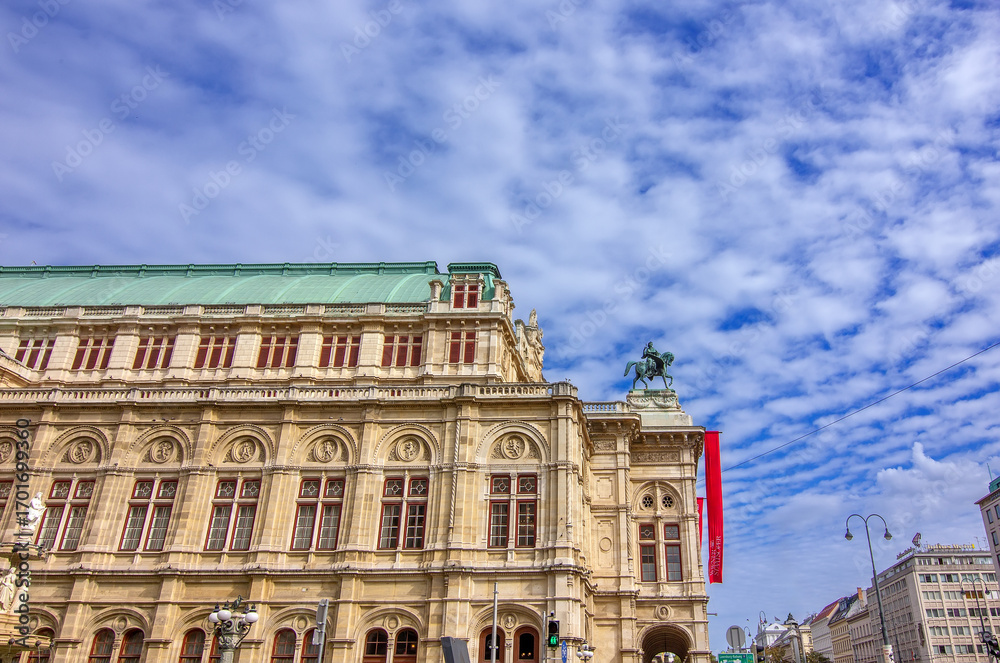 Fototapeta premium A captivating, low-angle perspective of the majestic Vienna State Opera