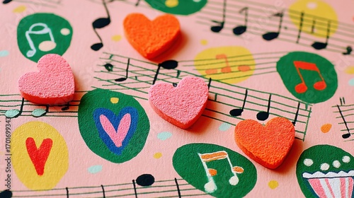 Colorful Hearts and Musical Notes on a Vibrant Background, Blending Romance and Melody for a Whimsical Artistic Display