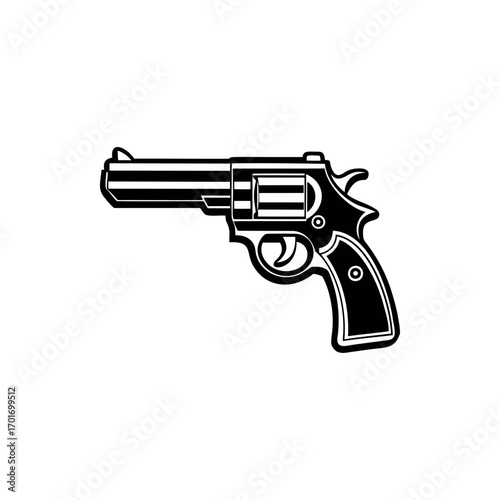 A stark black and white illustration of a classic revolver firearm