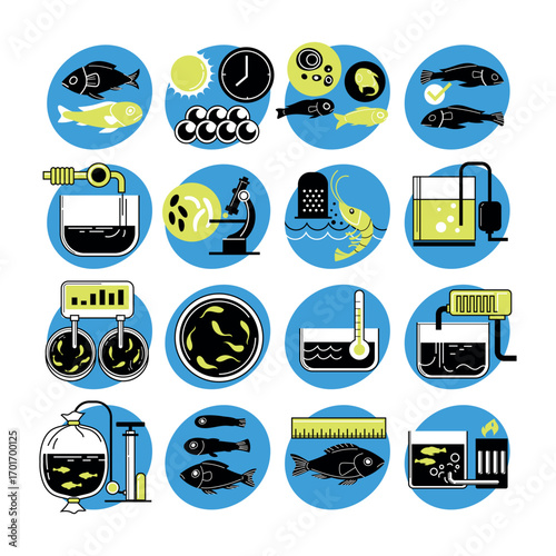 Set of aquaculture and fish farming vector icons. Includes fish breeding, hatching eggs, microscope analysis, water quality control, and aquarium management. Perfect for biology, aquaculture