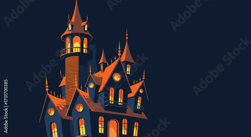 Spooky haunted mansion towering over a dark night sky with eerie yellow lights glowing from within its windows