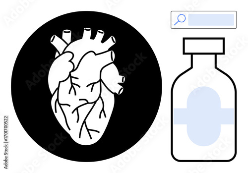 Anatomical heart diagram inside black circle, medicine bottle with blue label, and search bar. Ideal for healthcare, cardiology, treatment, diagnostics, research, prevention simple landing page