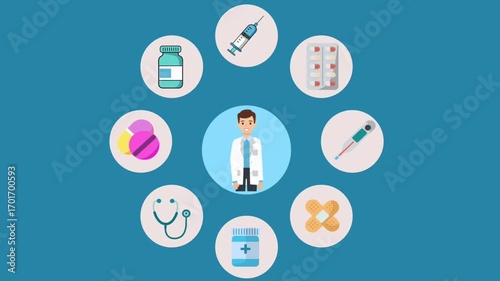 Animated doctor surrounded by medical icons including pills, syringe, stethoscope, and medicine, perfect for healthcare explainer videos, telemedicine, and health education visuals.