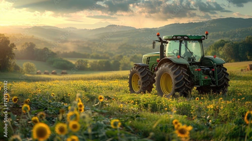 Fototapeta premium Harvesting machine working in a field, Farmer preparing land with seedbed cultivator, Tractor cultivating field at spring.