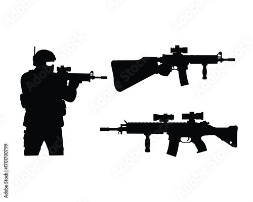 Silhouette of a soldier aiming a rifle with two additional assault rifles displayed separately on a white background