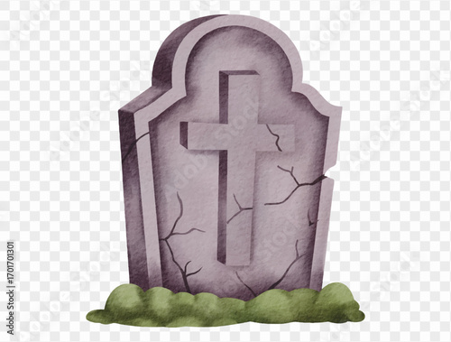 Watercolor tombstone with cross spooky graveyard halloween element Vector.