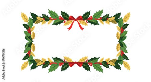 Elegant festive holly and berry border design with golden accents and red ribbon bows for holiday celebrations and seasonal greetings