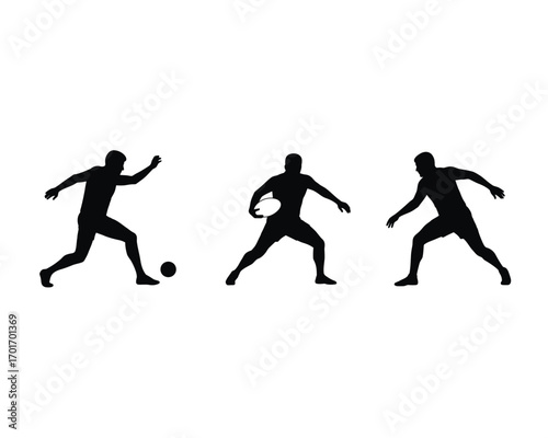 Dynamic silhouettes of three soccer players in action capturing the energy of a football match