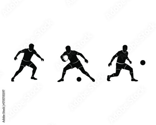 Dynamic silhouettes of rugby players in action illustrating different poses and movements on a white background