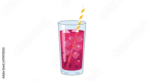 Refreshing red berry flavored drink with ice cubes and striped straw perfect for summer enjoyment