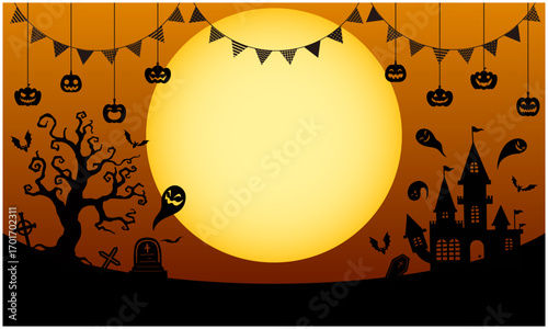 ベクター  シルエットモチーフのハロウィン背景 ジャックオーランタン　城　木　ゴースト