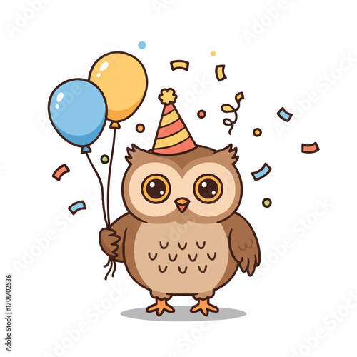 A cute owl wearing a tiny party hat and holding a balloon string, with vibrant confetti falling, creates a joyful flat 2D vector illustration ready for a cheerful celebration.