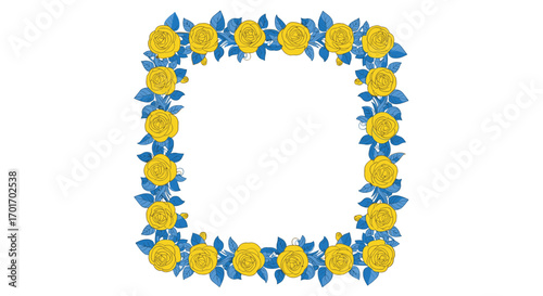 An elegant square floral border design featuring vibrant yellow roses and deep blue leaves creating a beautiful frame for your creations