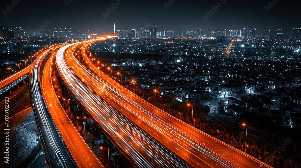 Obraz premium Elevated highway with blurred light trails at night in an urban setting.