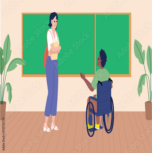 Teacher explaining lesson to student in wheelchair classroom education illustration.